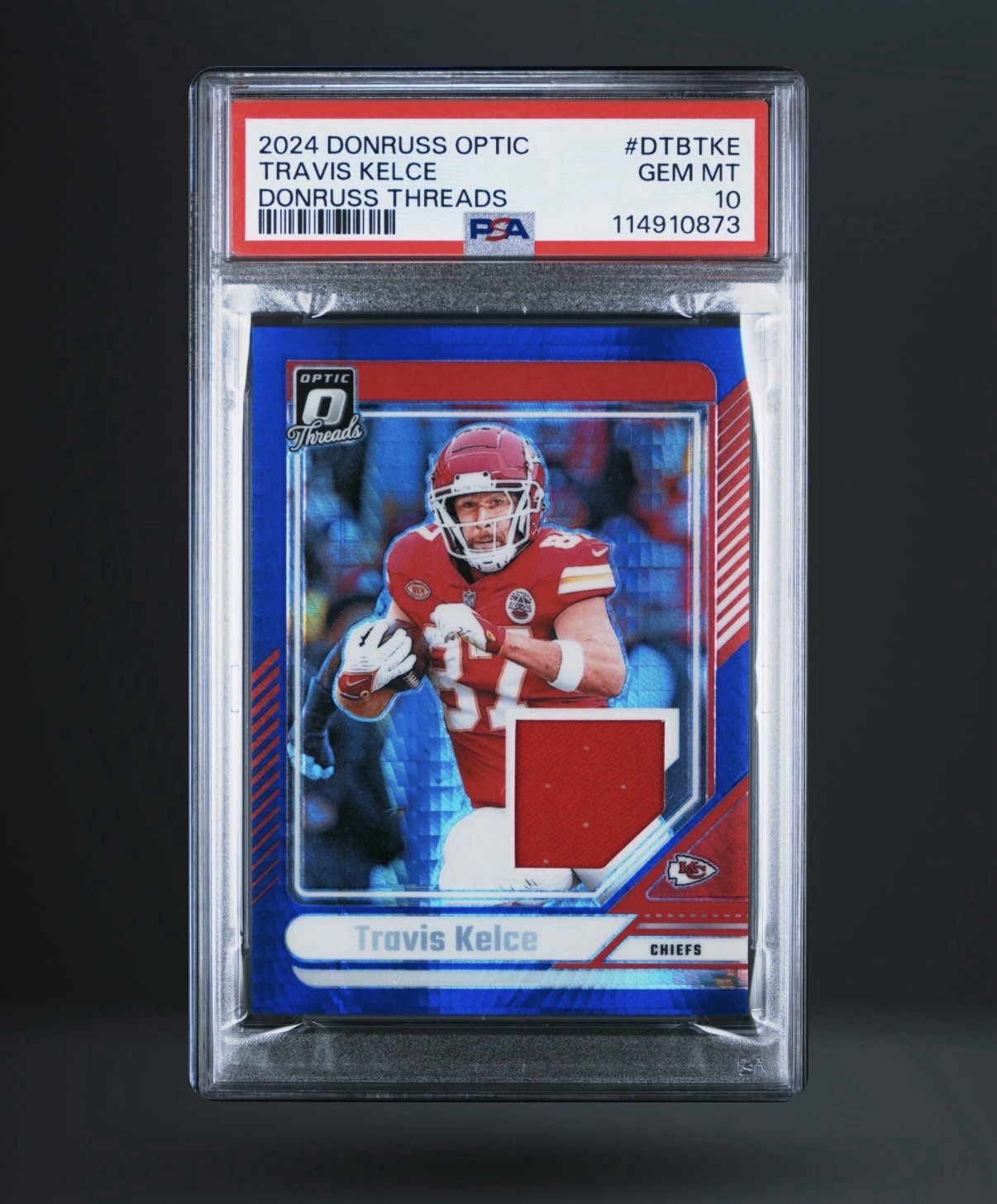 2024 PANINI DONRUSS OPTIC DONRUSS THREADS DTBTKE TRAVIS KELCE JERSEY PSA 10