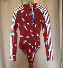 adidas Originals Red Floral Long Sleeve Stretch Bodysuit XS Crew Neck