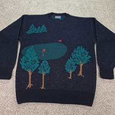 Vintage Pendleton Golf Scene Wool Sweater Mens Medium Navy Blue Teal USA Made