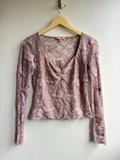 Guess VNeck  Lace Top S Blush Pink Long Sleeve Feminine Romantic Fairy Dressy
