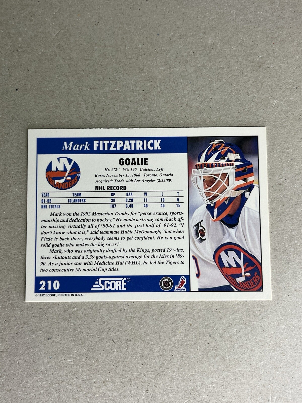 Ftzpatrick Score 1992-93 Score - Mark Fitzpatrick #210 for sale online | eBay