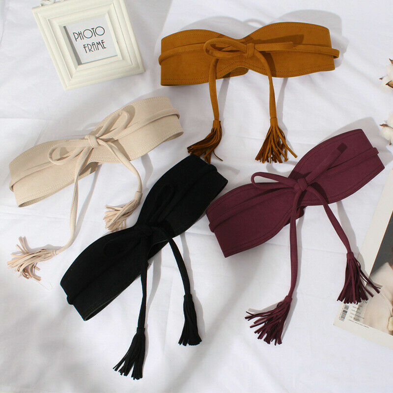 Womens Faux Suede Tassel Belt Vintage Bow Tie Waistband for Dress or Coat Elerevyo Womens Faux Suede Tassel Belt, Vintage Bow Tie  main image 2