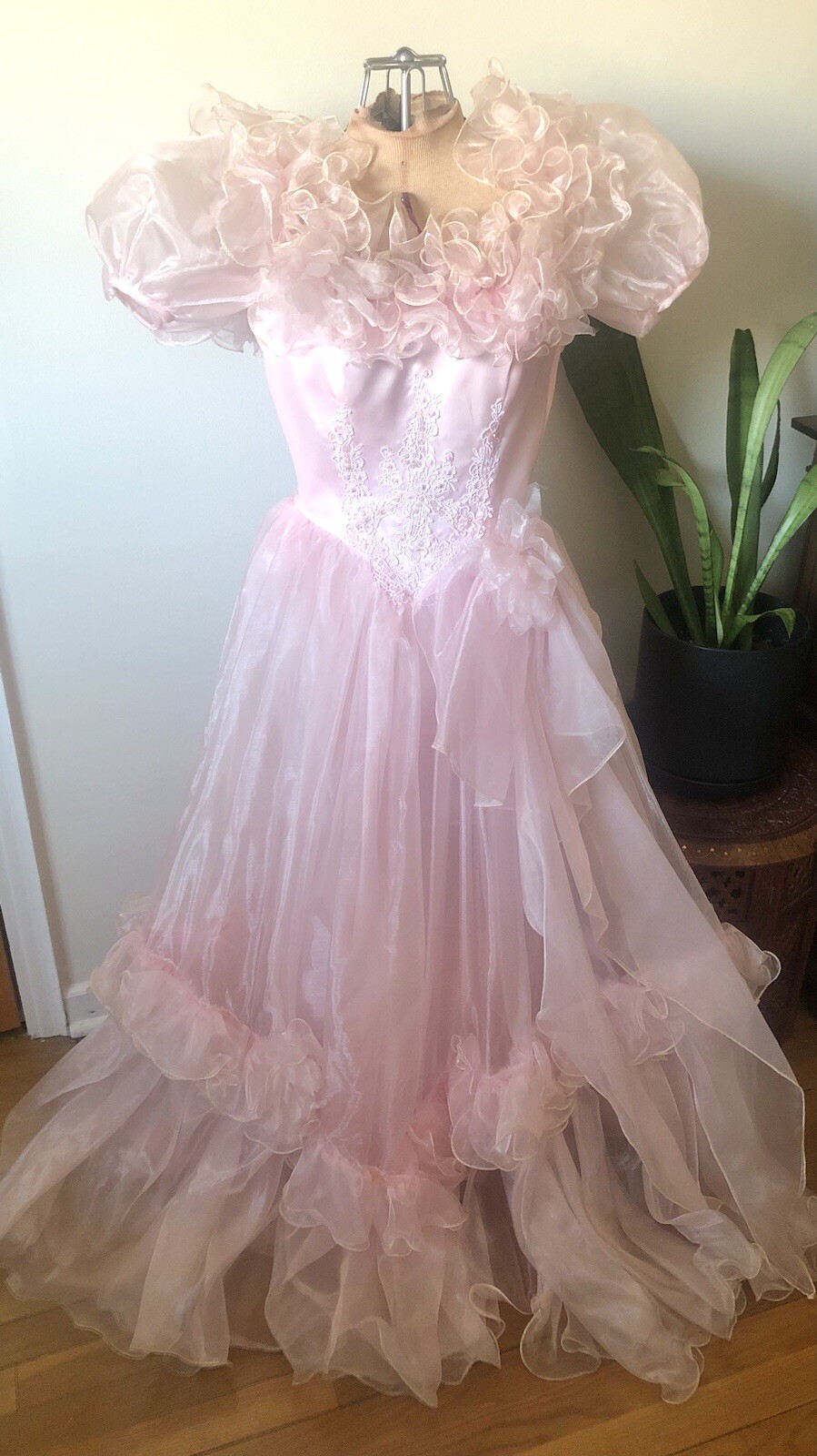 Vintage 80s Cotton Candy Pink Organza Mini Dress Size XS