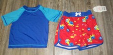Wonder Nation Infant Swim Trunks Fish Turtle Blue OP Swim Shirt Lot 3/6 Months