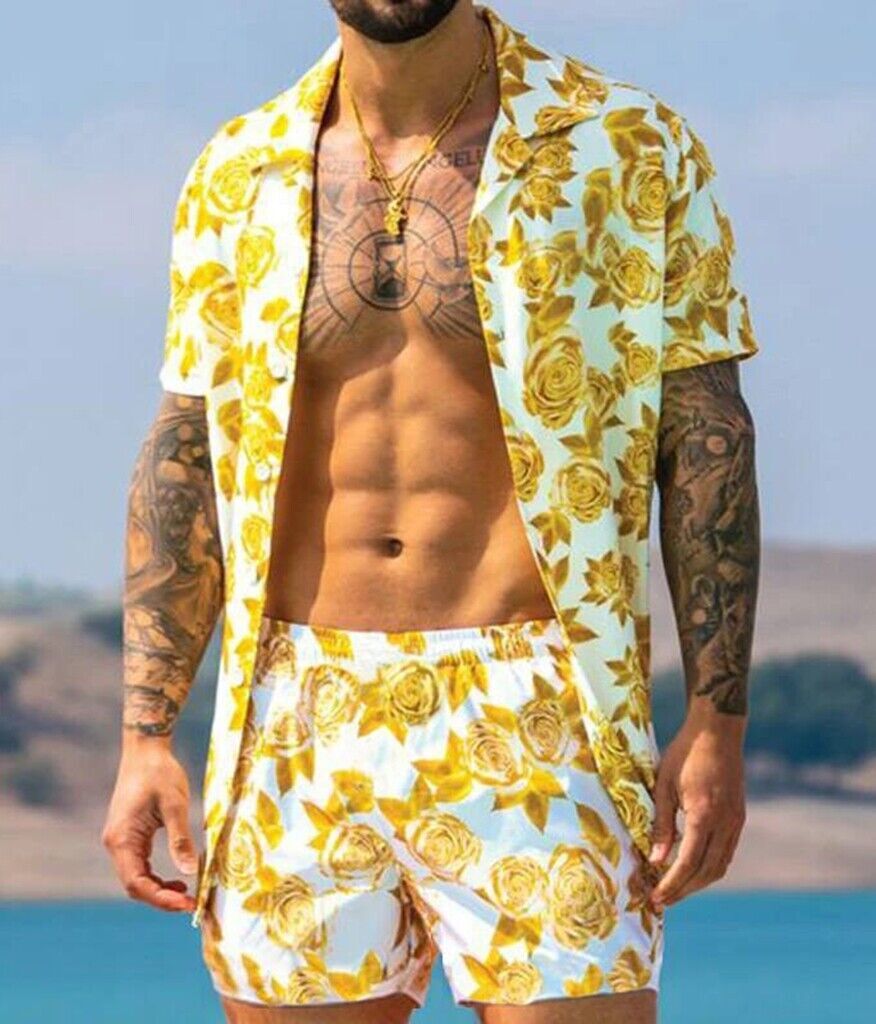 SPKPKEY Hawaïaans shirt en shorts set voor heren, 2-delig, casual button-down shirts, zomer strandoutfits met bucket hats, M