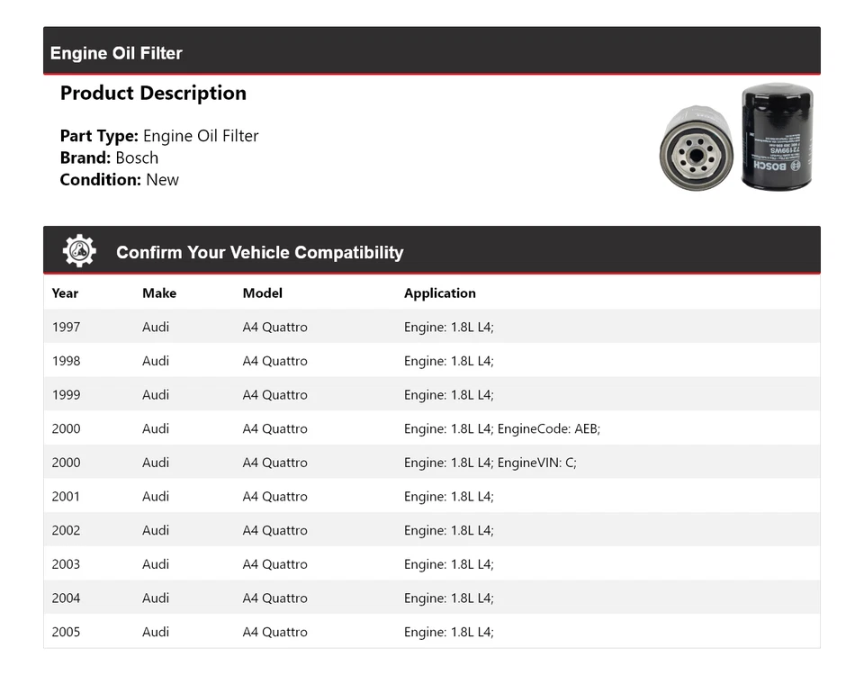 Filtro de aceite de motor Bosch 1998 1999 2000 para Audi A4 Quattro 1997-2005 1,8 L L4 Foto 2 de 3