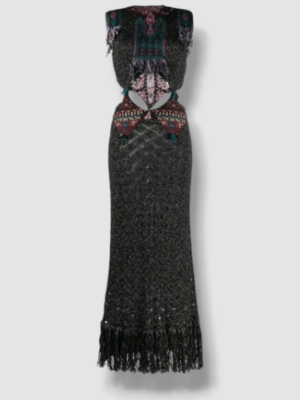 etro black dress ETRO Black Silk Embellished Crepe de chine Dress Feather Shift Midi Womens  Sz L