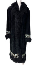 Vintage Via Accenti Women's Suede Leather Long Coat With Fur Trim Collar Size 24