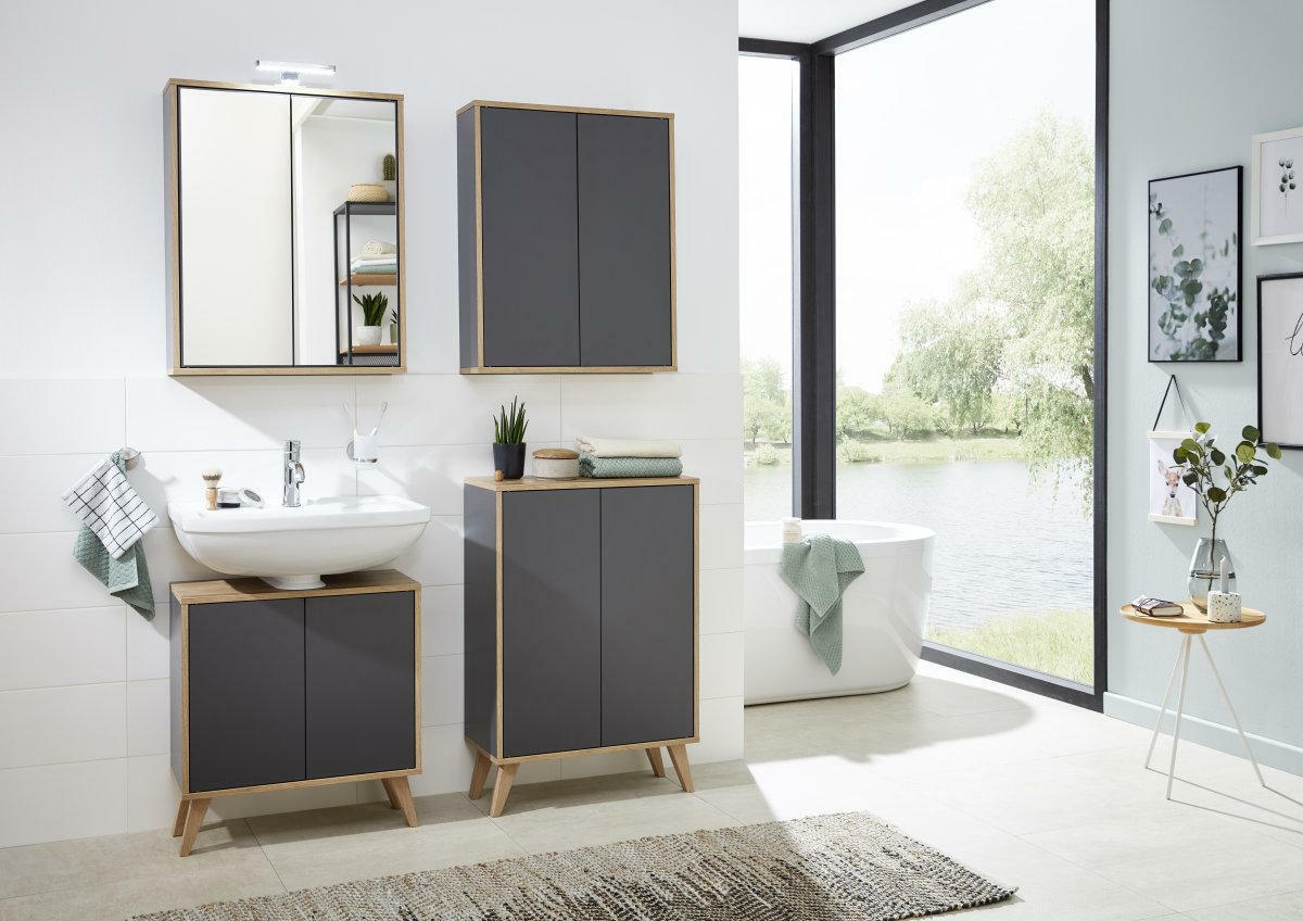 Fackelmann FINN Badmöbel Schwarz 60 cm Spiegel Badezimmerschrank MADE