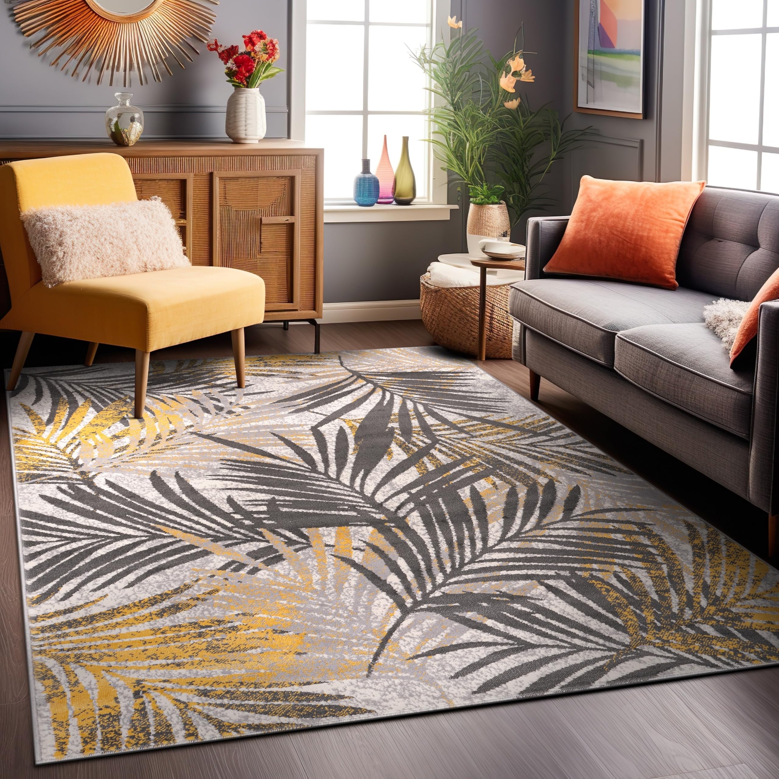 Edinburgh Floral Leaves Soft Stain Resistant Area Rug 7x10 Yellow