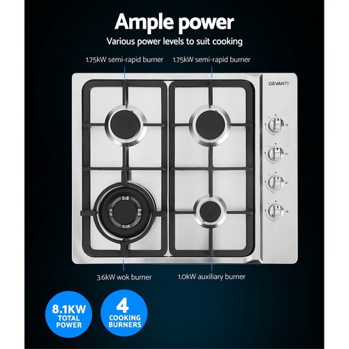Gas Cooktop 60cm Kitchen Stove 600mm 4 Burner Cook Top NG LPG Stainless Steel AU - Picture 7 of 8