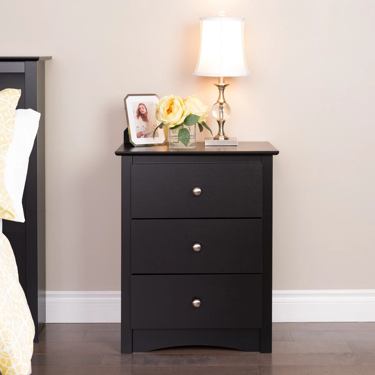 Sonoma 3 Drawer Tall Night Stand w Metal Drawer Glides Black NEW