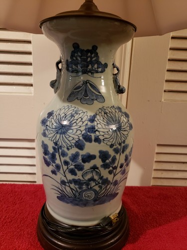 Antique Chinese 1920s Blue And White Vase Lamp With Shade - Picture 2 of 10