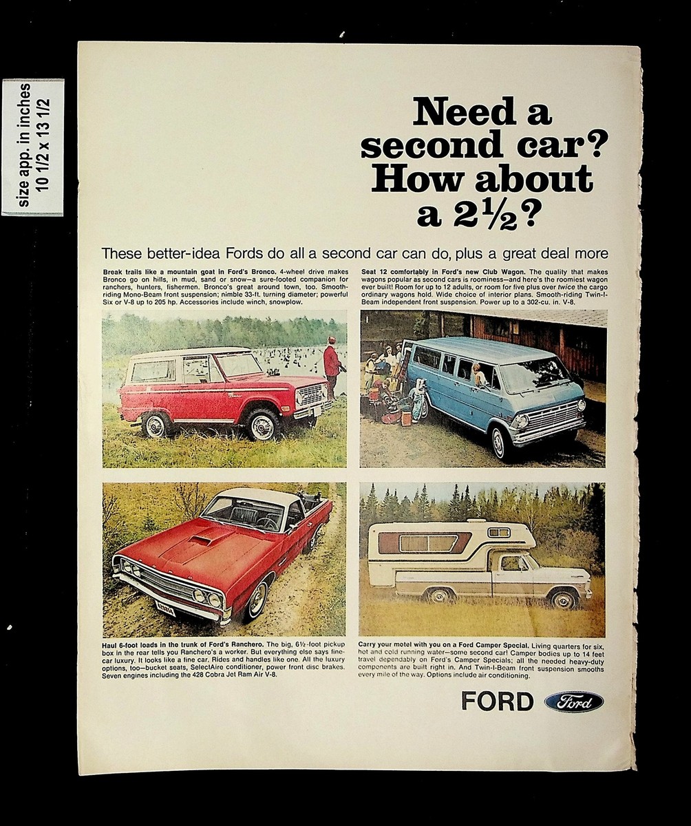 1969 Ford Need A Second Car Camper Bronco Wagon Vintage Print Ad 