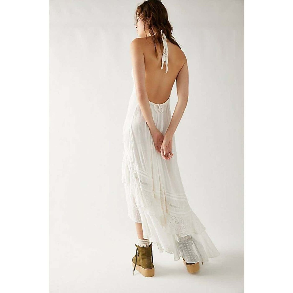 Free People Slice Of Heaven Halter Tiered Midi White Lace