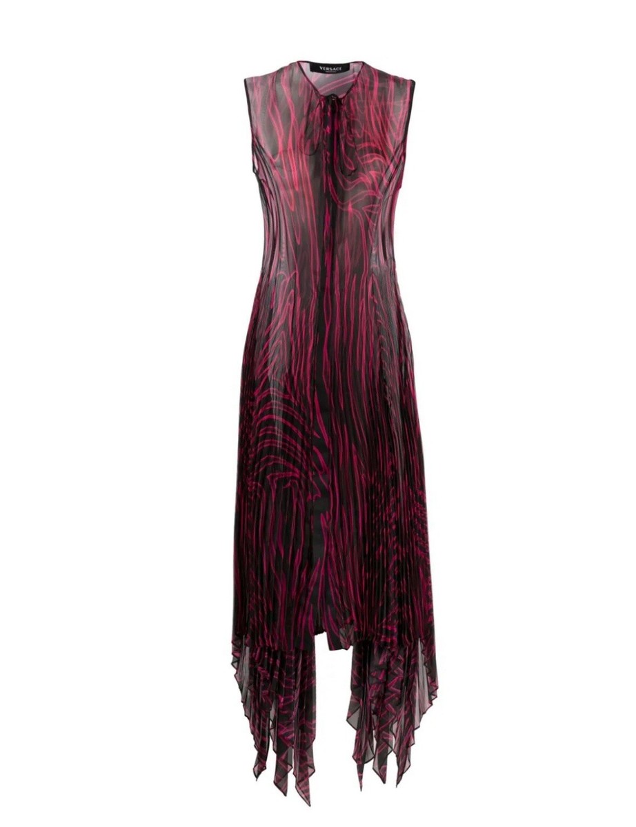 NWT $5,025 Versace Runway SS23 Sheer Zebra Plisse Dress Red