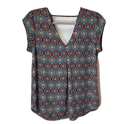 DR2 Daniel Rain Top Size Small Blue V-neck Paisley Coloful Lightweight Boho