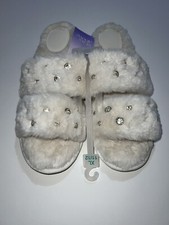 Jeweled Slippers XL 11-12 Ivory Faux Fur Super Soft Slides Sandals Stars Above