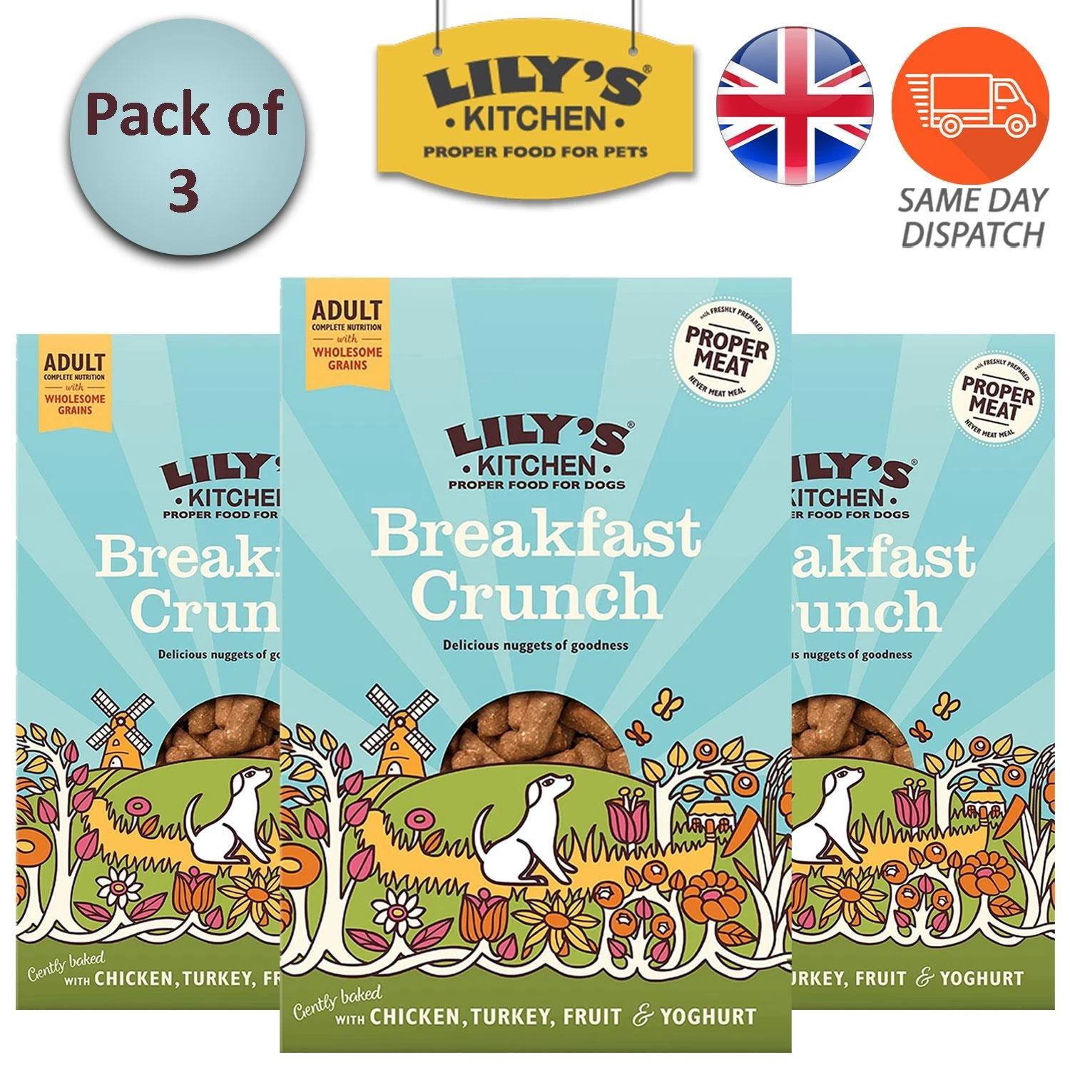 Lily's Kitchen Breakfast Crunch With Chicken Yoghurt 800g Proper Food for Dog x3