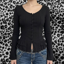 Coquette Black ribbed button-front top