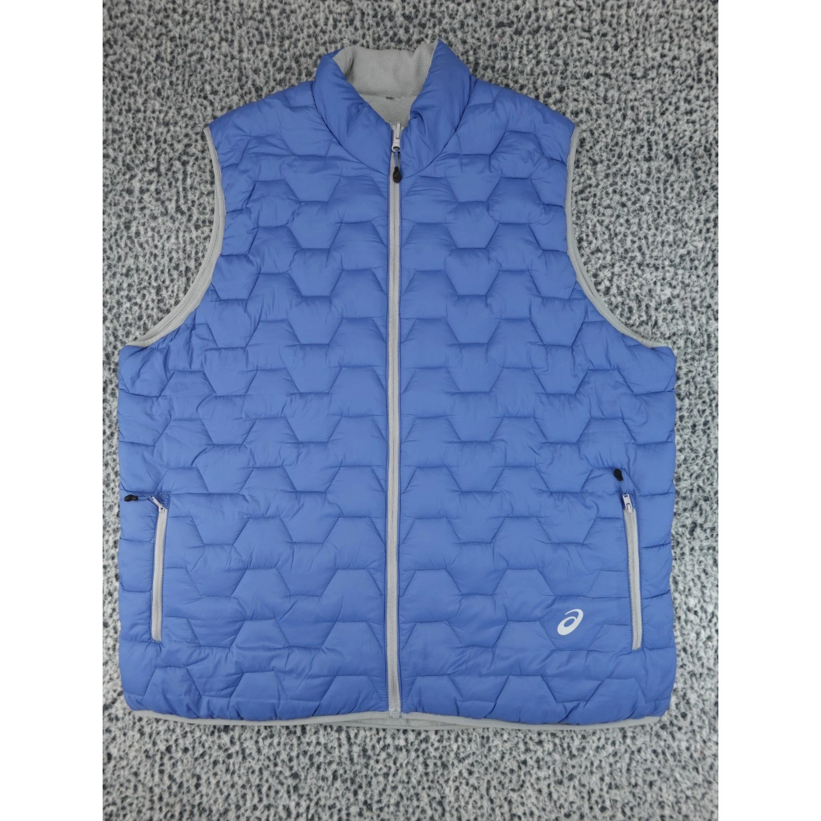 Asics Puffer Reversible Vest Mens XL Blue Hexagonal Quilted Full Zip Fleece