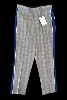 Men's Gray Plaid Pants Blue Side Stripe 28