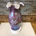 Fenton PURPLE LAVENDAR Overlay Lilies Hurricane Candle Lamp-Signed