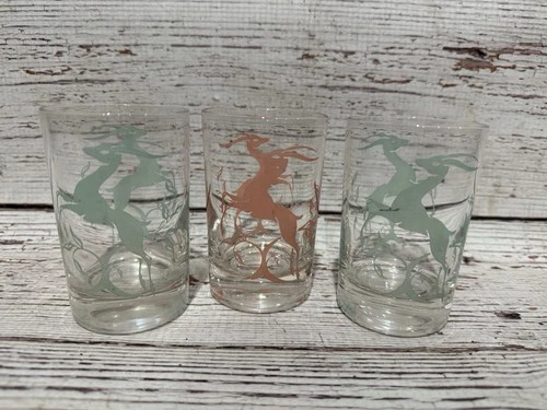 3 Vintage Federal Antelope Gazelle Pink/green MCM Barware Tumblers
