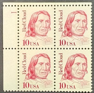 US Great Americans Scott 2175a, 10c Red Cloud, P. B. of 4, Dull Gum, VF, MNH