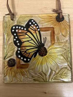 Window Hanging Glass Square Tile Butterfly And Flowers Painted Art Sun Catcher