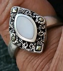 925 NF Stamped: Vintage; Mother Of Pearl Marcasite Sterling Silver sz 8.25 Ring — photo 4