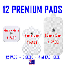 HiDow PainPod TENS EMS compatible 12 ELECTRODE PADS - 3 SIZES - 4 of EACH SIZE