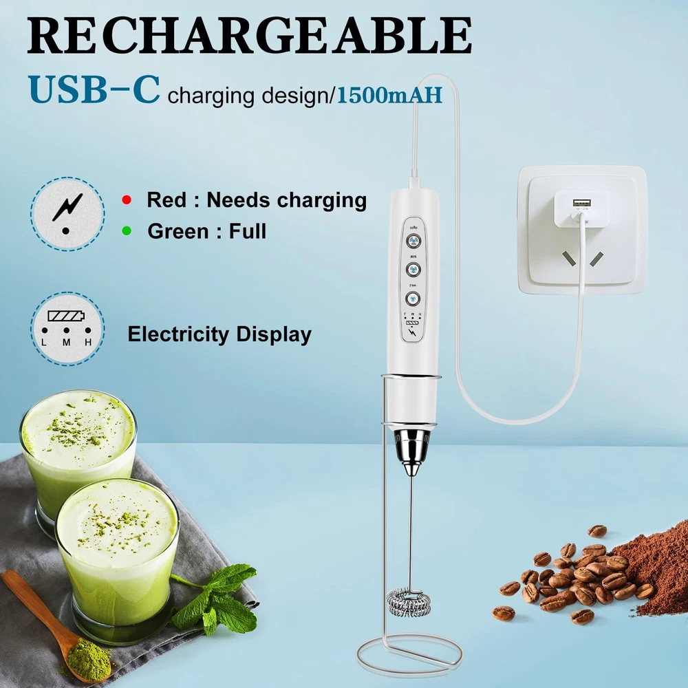 Milk Frother Handheld with Stand, Electric Whisk 3 Speed Adjustable, Drink Mi...