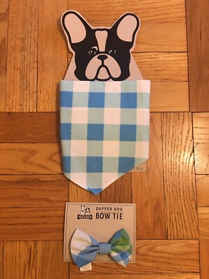 DOG COSTUME SMAX & MILO NEW  DAPPER BOW TIE & BANDANA. SM DOG. BL/GRN/WHT CHECK