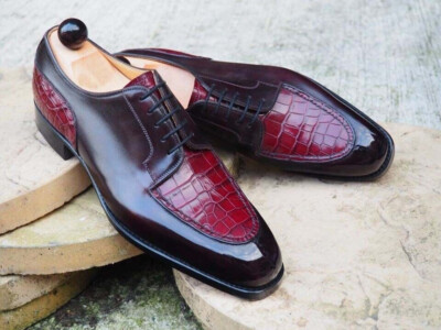 Handmade men Shoes Derby Lace Up Crocodile Texture Leather Round Toe Formal Shoe