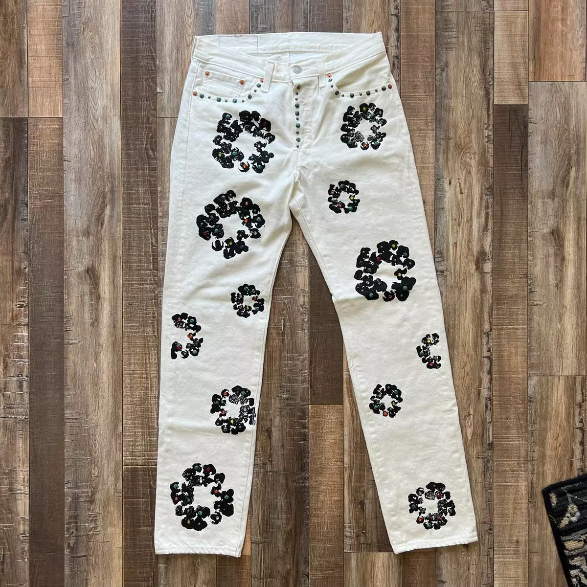 Denim Tears Rhinestone Cotton Wreath Jeans in White 30x32