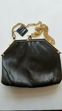 Vintage Ande NEW Brown Leather clutch with gold chain and gold clasp 1980's