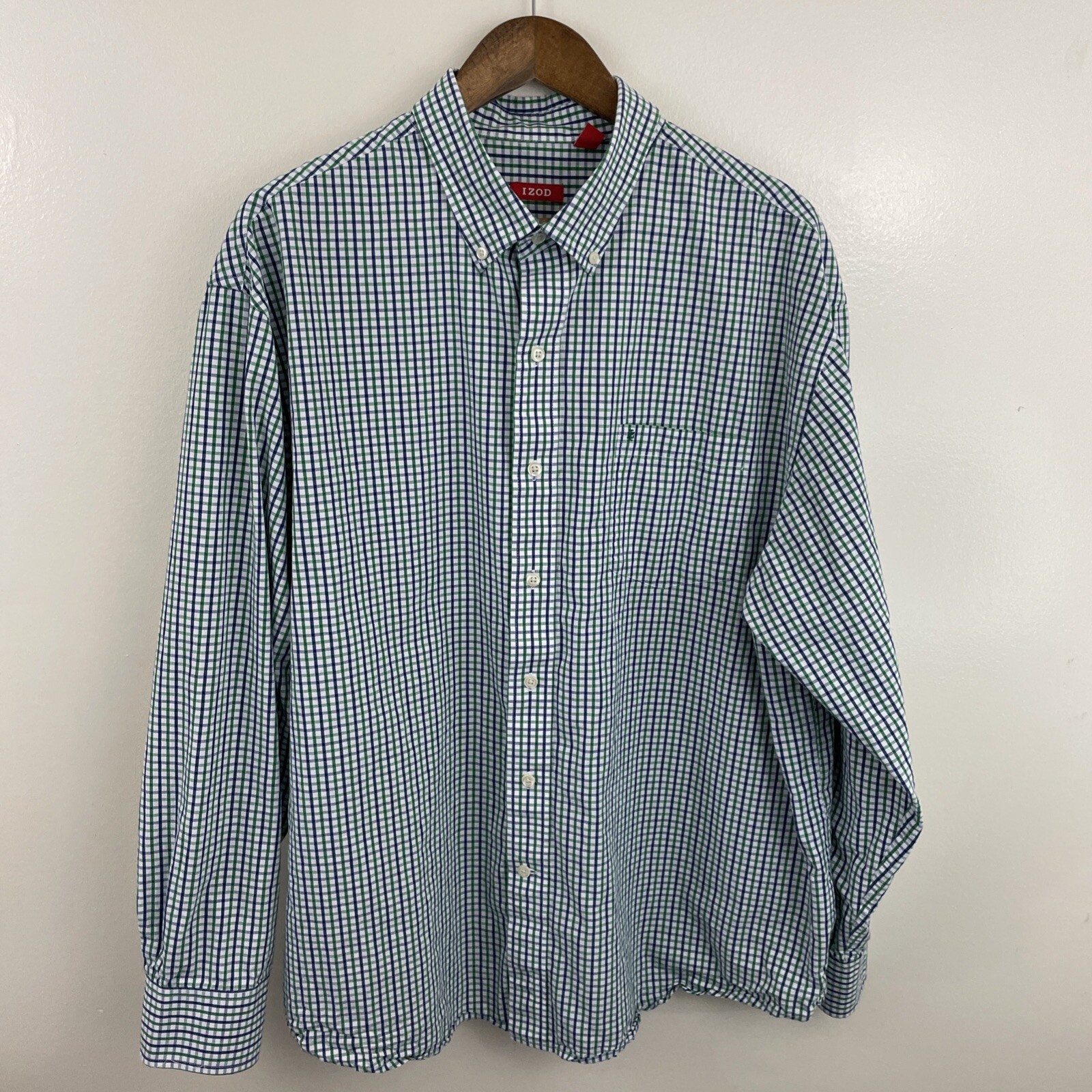 Izod Shirt Mens 2XL XXL Green & Purple Plaid Long Sleeve Button Down 100% Cotton