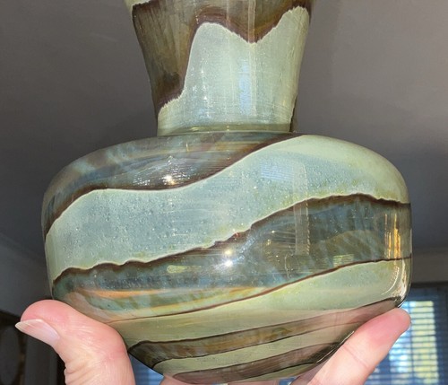 MID CENTURY MDINA EARTH TONES SPIRAL STRIPE VASE 6.75” MICHAEL HARRIS ART GLASS - Picture 3 of 8