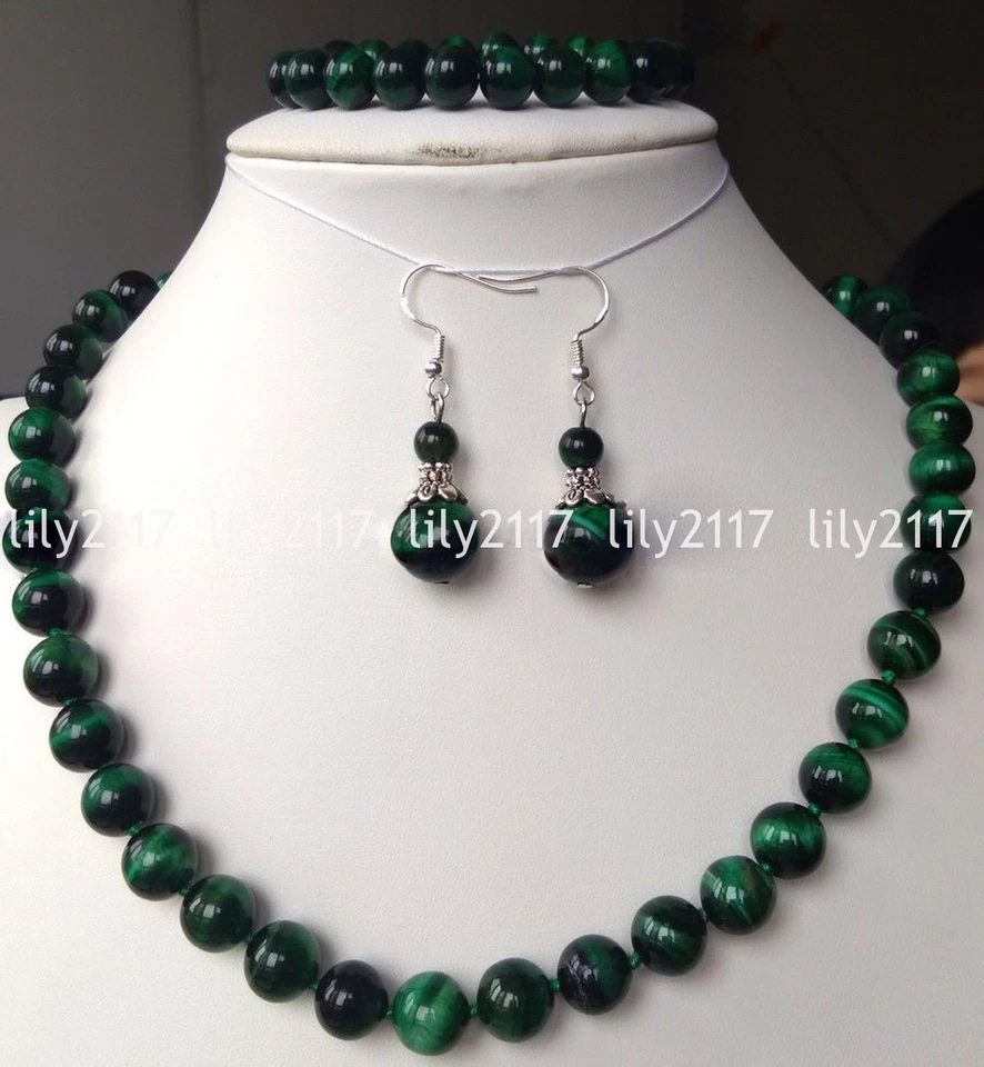 Conjunto de pendientes collar gemas redondas ojo de tigre verde natural 6/8/10/12 mm Foto 2 de 3