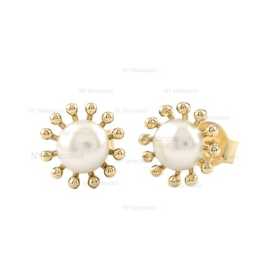 Echte Perle Edelstein 14K massiv Gelbgold Sonnenblume minimal Ohrstecker
