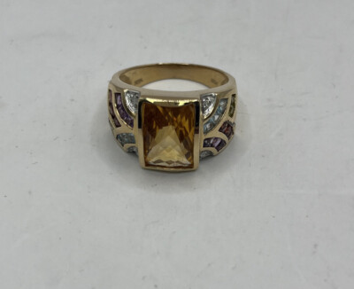 14K Gelbgold Ring facettierter Citrin & Diamanten, BI Topas, Granat, Ame Größe 9