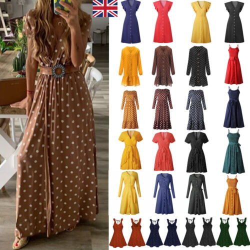 Women's Polka Dot Dresses Long/Short Sleeve Summer Beach Casual Strappy Dress UK