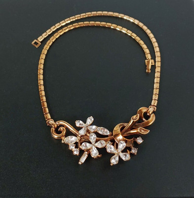Trifari Pat Pend Necklace 1940s Choker Vintage Rhinestone Gold Tone Signed 14.25