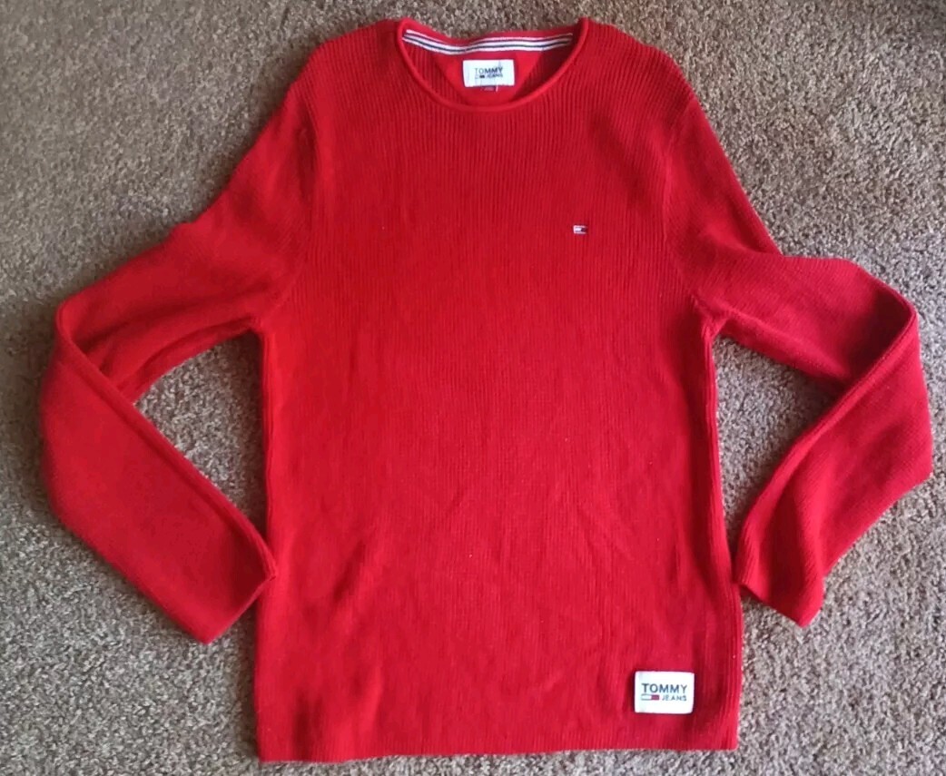 Tommy Jeans Thermal Shirt Mens Large Red Waffle Knit Hilfiger Long - Main Image