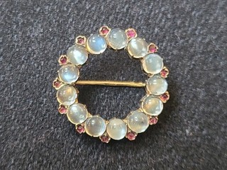 Moonstone with Garnets 10K pin / brooch