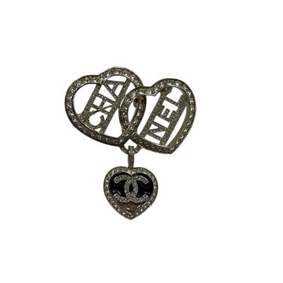 CHANEL Brooch Double Heart Coco Mark Gold Metal Rhinestones Used