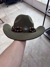 Cowgirl Hat New In Army Green and Wooden Beaded Band One Size Fits