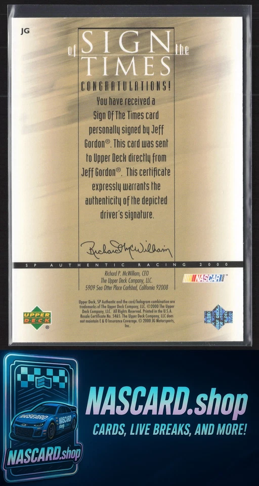 2000 SP Authentic #JG Jeff Gordon Sign of the Times Gold - Image 2 of 2