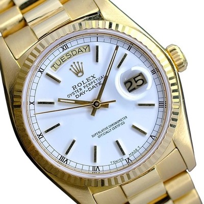 Men's Rolex Day-Date Gold Watch White Index Dial Fluted Bezel 36mm 18038